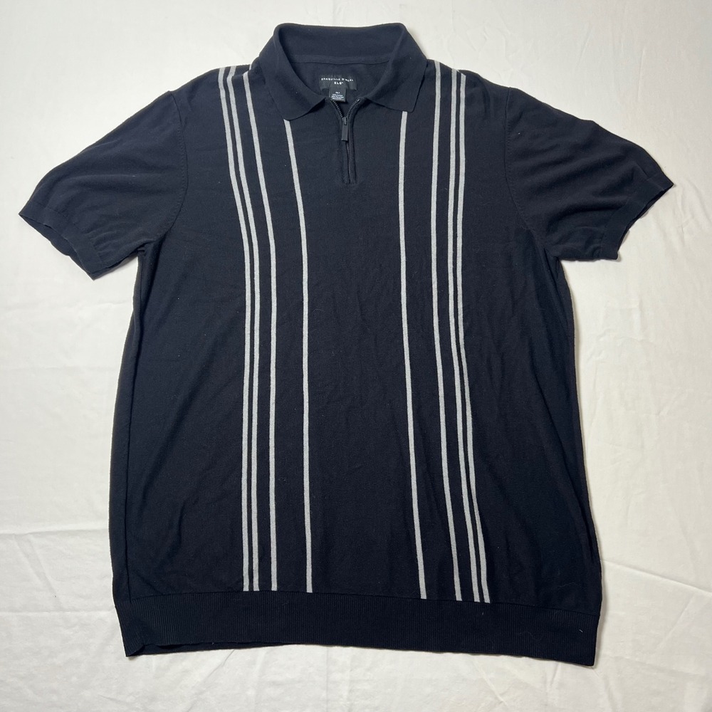 Shaquille O'Neal XLG Mens 2XLT Black Vertical Stripe Quarter Zip Knit Polo Shirt